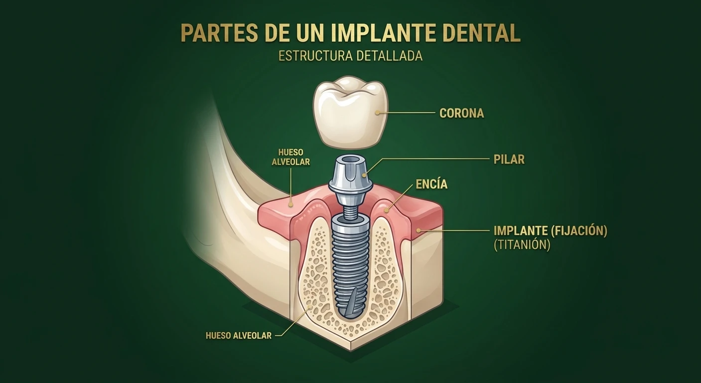 Partes de un implante dental: corona, pilar, encía, hueso alveolar y el implante de titanio
